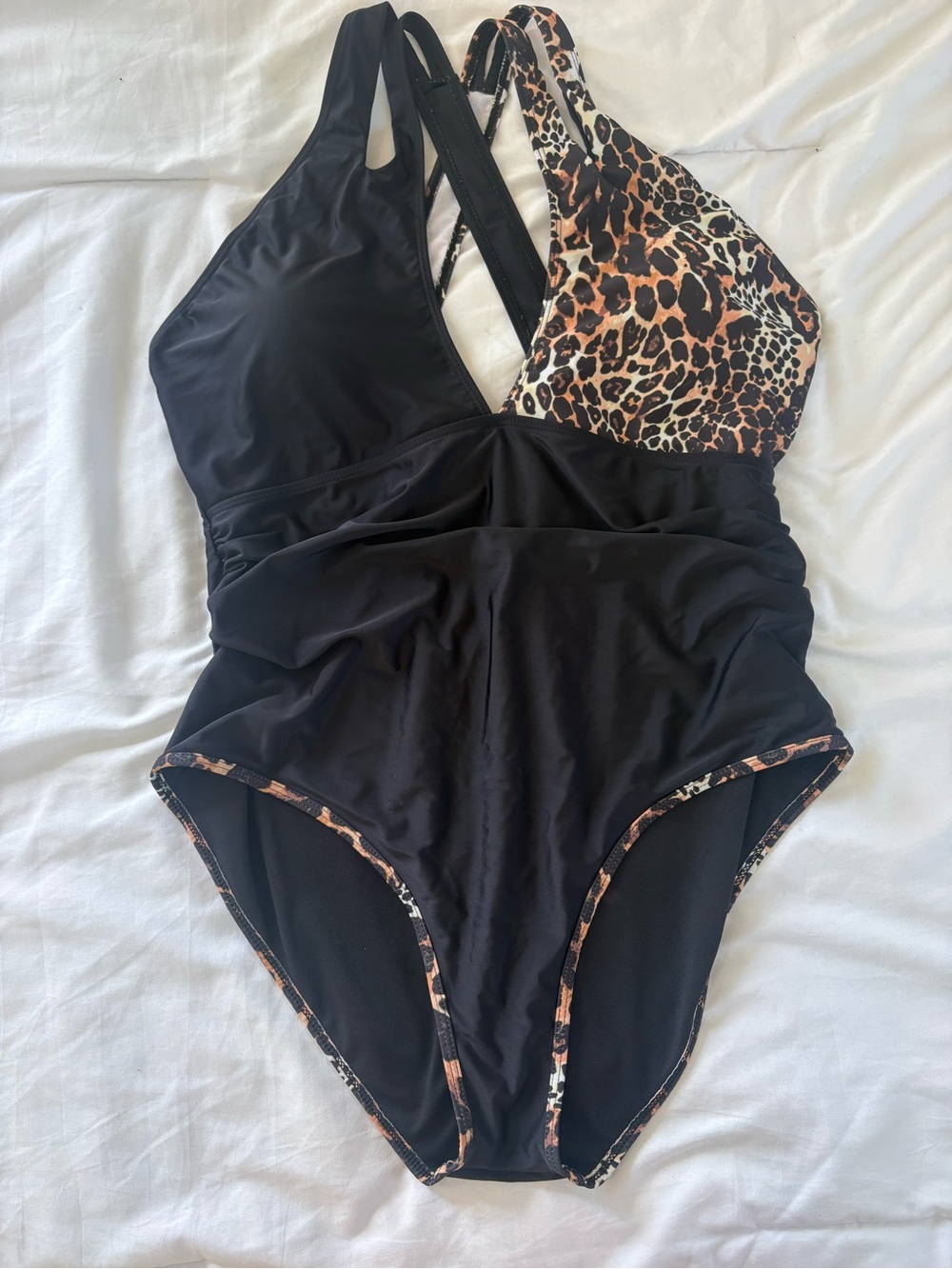 Black One-Piece Swimsuit with Leopard Accent - Women Plus Size 2XL